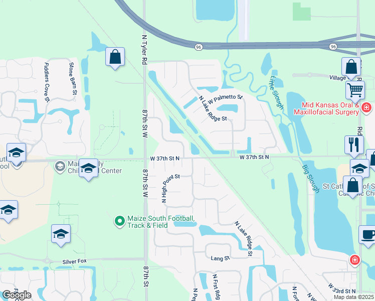 map of restaurants, bars, coffee shops, grocery stores, and more near 3808 Pepper Ridge in Wichita