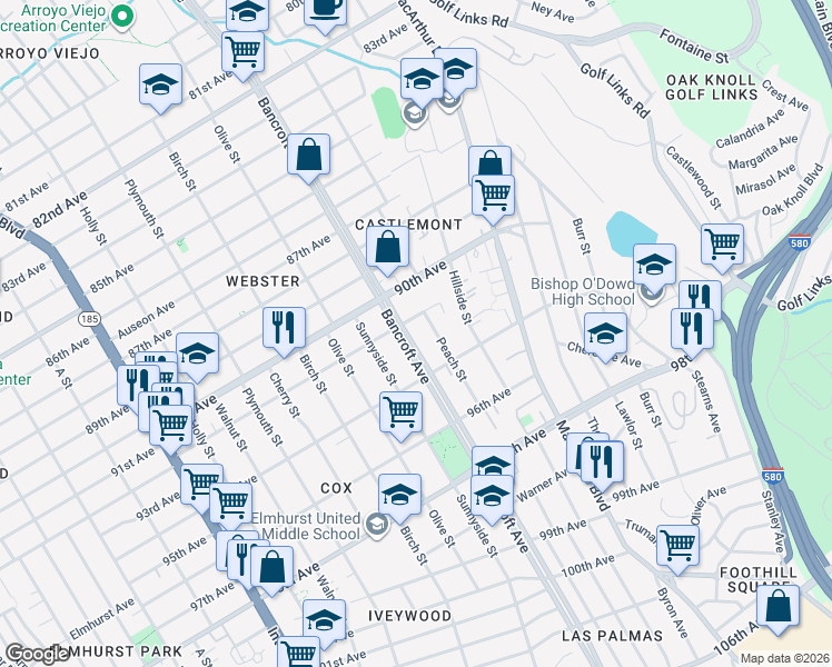 map of restaurants, bars, coffee shops, grocery stores, and more near 9301 Bancroft Avenue in Oakland