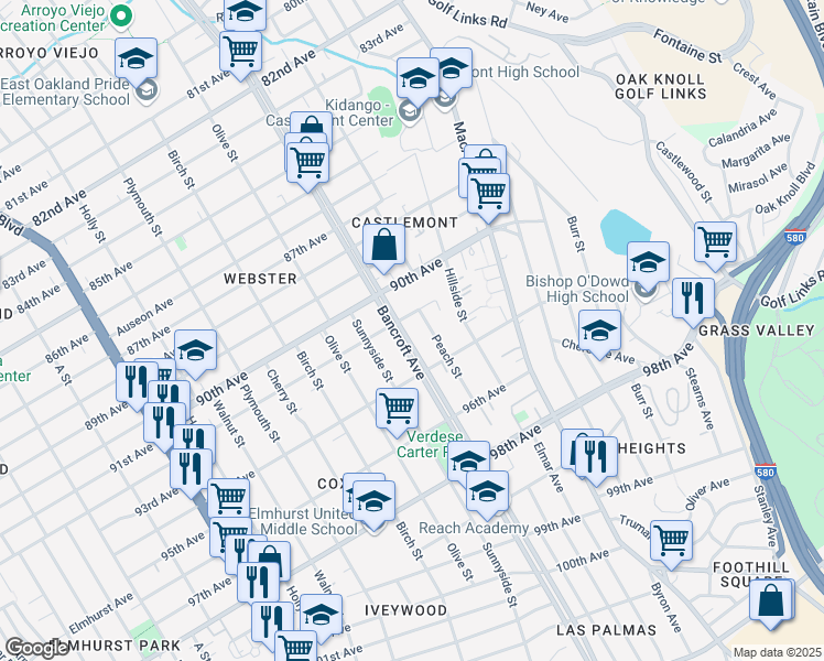 map of restaurants, bars, coffee shops, grocery stores, and more near 9220 Bancroft Avenue in Oakland