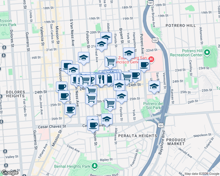 map of restaurants, bars, coffee shops, grocery stores, and more near 2977 24th Street in San Francisco