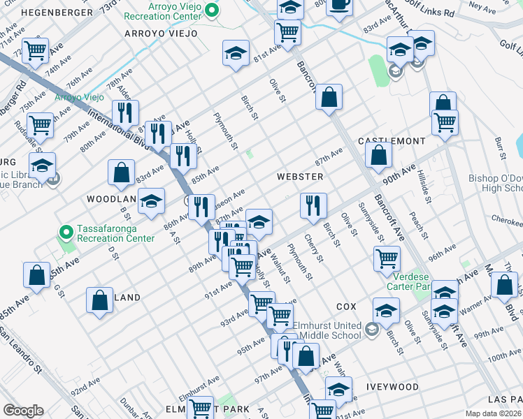 map of restaurants, bars, coffee shops, grocery stores, and more near 1629 88th Avenue in Oakland