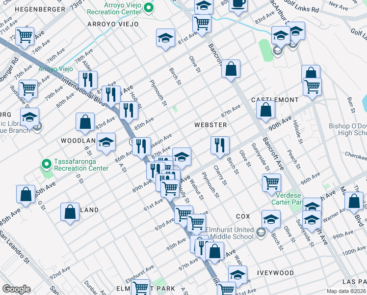 map of restaurants, bars, coffee shops, grocery stores, and more near 1629 88th Avenue in Oakland