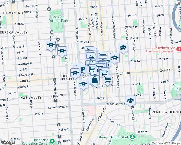 map of restaurants, bars, coffee shops, grocery stores, and more near 1306 Valencia Street in San Francisco