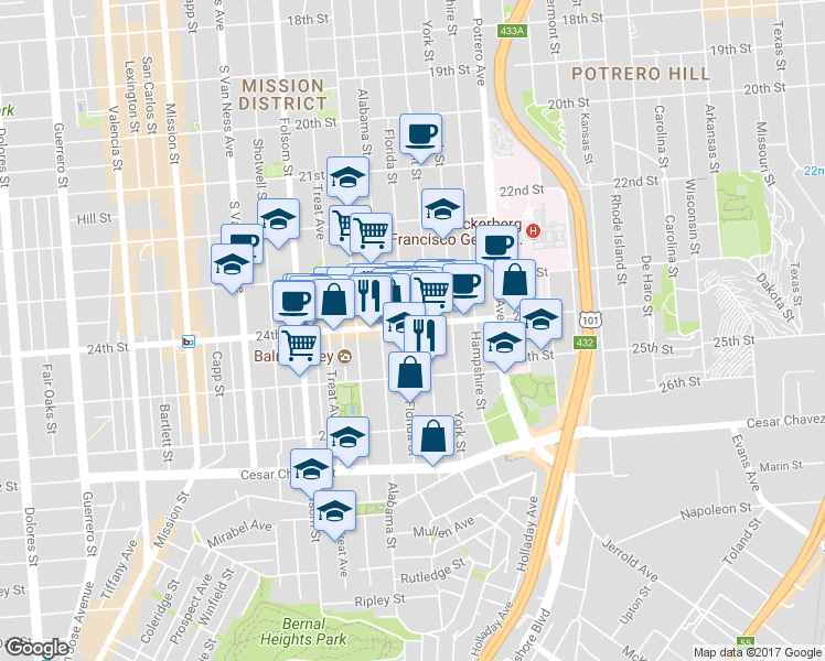 map of restaurants, bars, coffee shops, grocery stores, and more near 2889 24th Street in San Francisco