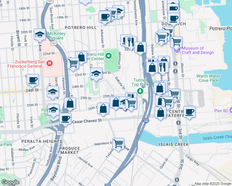 map of restaurants, bars, coffee shops, grocery stores, and more near 1095 Connecticut Street in San Francisco