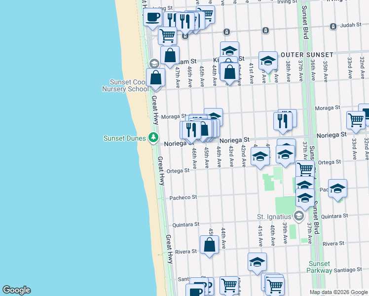 map of restaurants, bars, coffee shops, grocery stores, and more near 1812 47th Avenue in San Francisco
