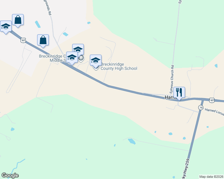 map of restaurants, bars, coffee shops, grocery stores, and more near 2428 Highway 60 in Harned