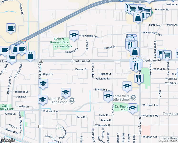 map of restaurants, bars, coffee shops, grocery stores, and more near 2240 Martin Road in Tracy