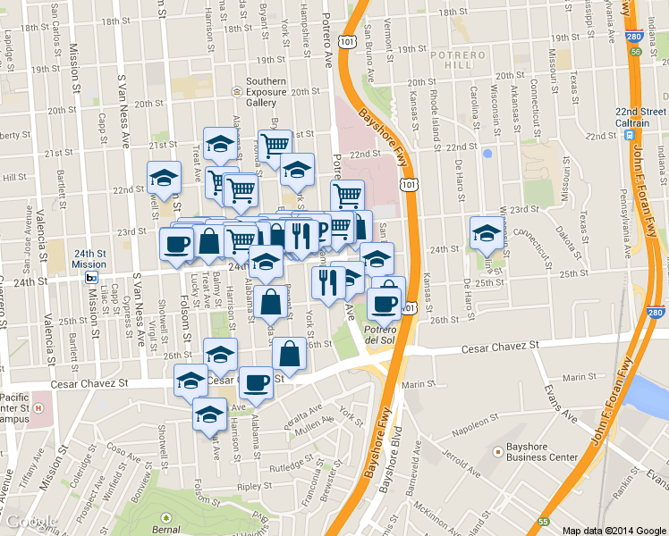 map of restaurants, bars, coffee shops, grocery stores, and more near 1264 Hampshire Street in San Francisco