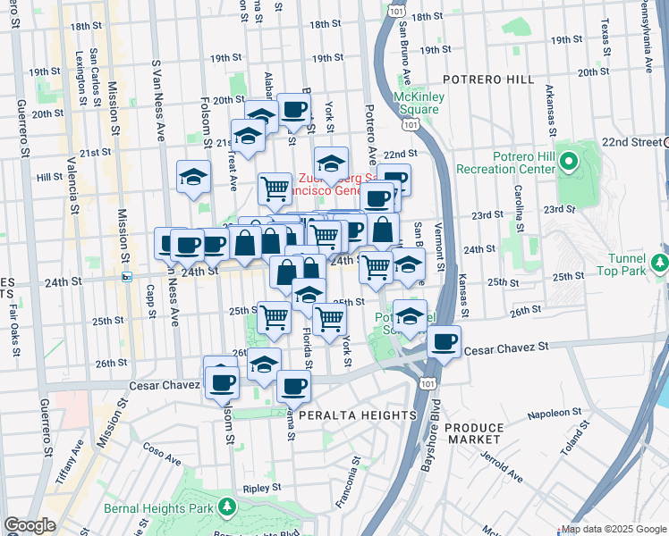 map of restaurants, bars, coffee shops, grocery stores, and more near 2647 Bryant Street in San Francisco