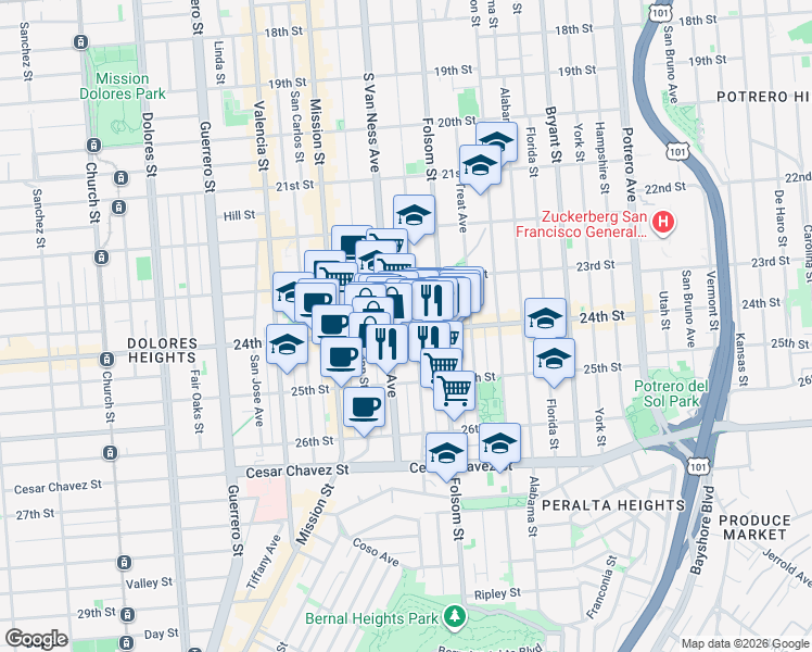 map of restaurants, bars, coffee shops, grocery stores, and more near in San Francisco