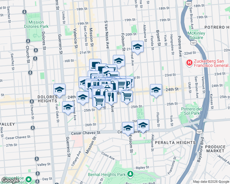 map of restaurants, bars, coffee shops, grocery stores, and more near 1316 South Van Ness Avenue in San Francisco