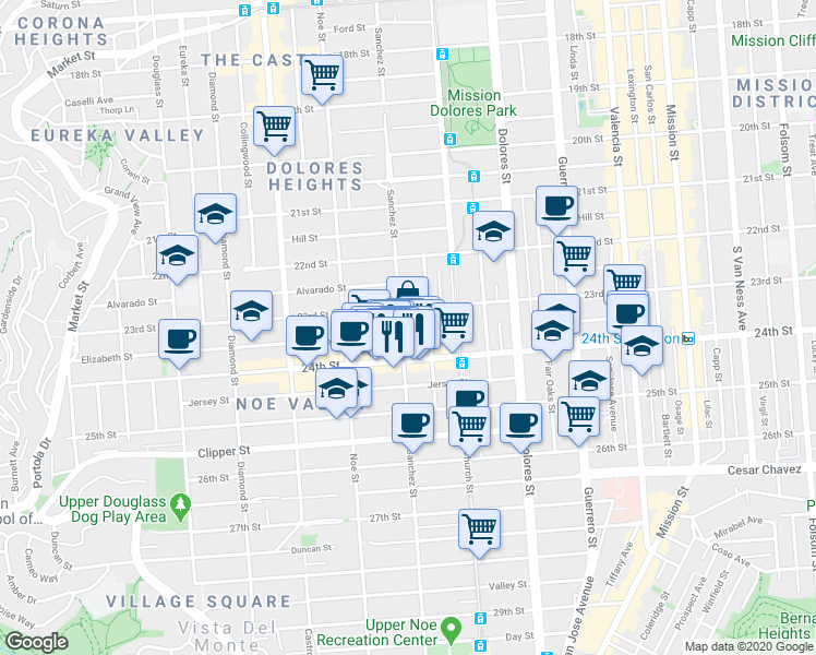 map of restaurants, bars, coffee shops, grocery stores, and more near 1070 Sanchez Street in San Francisco