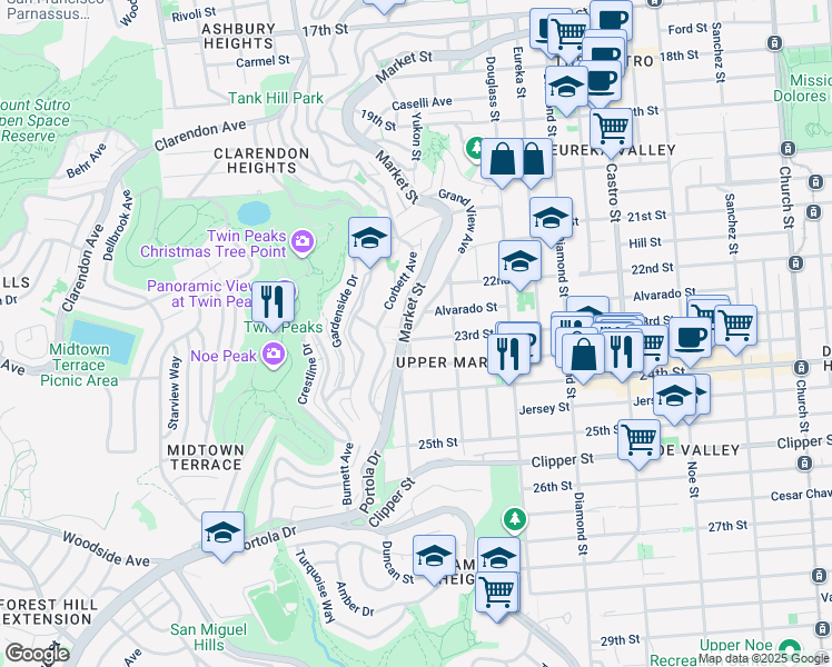 map of restaurants, bars, coffee shops, grocery stores, and more near 970 Elizabeth Street in San Francisco
