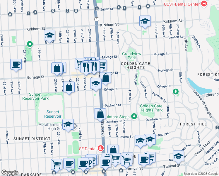 map of restaurants, bars, coffee shops, grocery stores, and more near 1918 18th Avenue in San Francisco