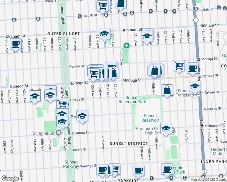 map of restaurants, bars, coffee shops, grocery stores, and more near 2300 Ortega Street in San Francisco