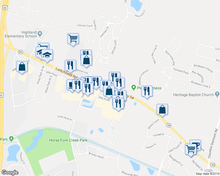 map of restaurants, bars, coffee shops, grocery stores, and more near 3429 Leitchfield Road in Owensboro