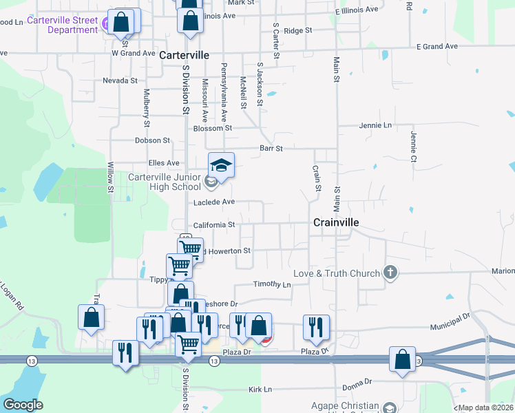 map of restaurants, bars, coffee shops, grocery stores, and more near 703 Laclede Avenue in Carterville