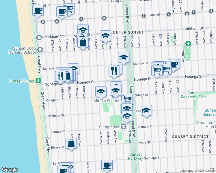 map of restaurants, bars, coffee shops, grocery stores, and more near 1830 40th Avenue in San Francisco