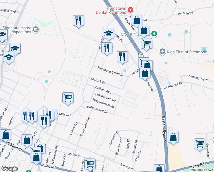 map of restaurants, bars, coffee shops, grocery stores, and more near 614 Oldham Avenue in Richmond