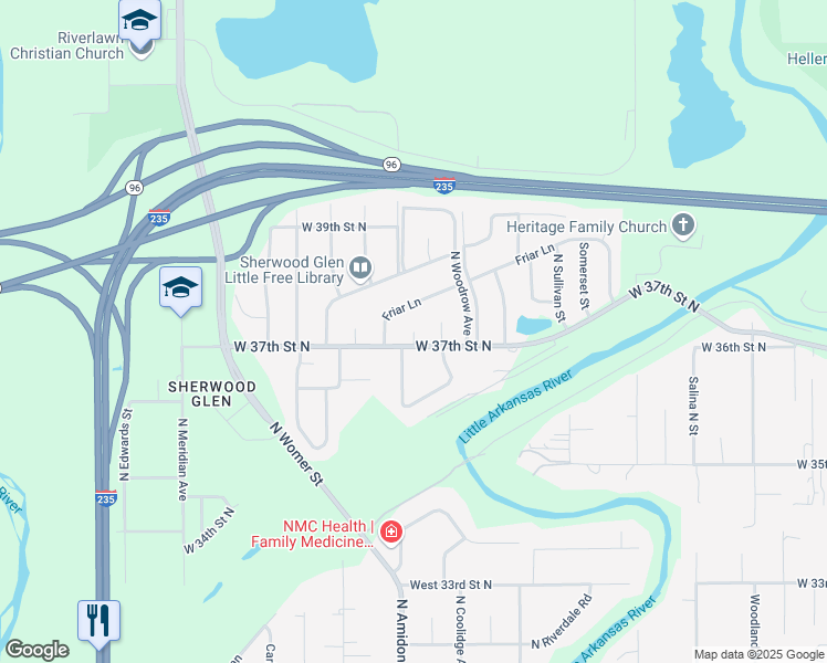 map of restaurants, bars, coffee shops, grocery stores, and more near 1799 West 37th Court North in Wichita