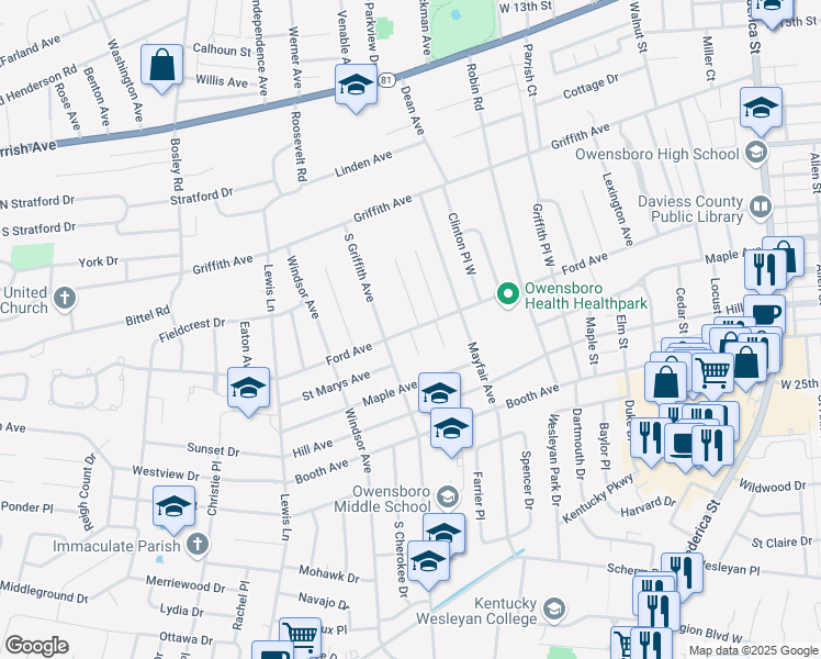map of restaurants, bars, coffee shops, grocery stores, and more near 1369 Ford Avenue in Owensboro