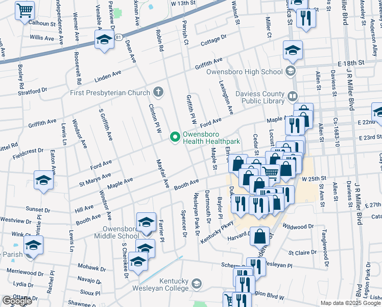 map of restaurants, bars, coffee shops, grocery stores, and more near 914 Maple Avenue in Owensboro