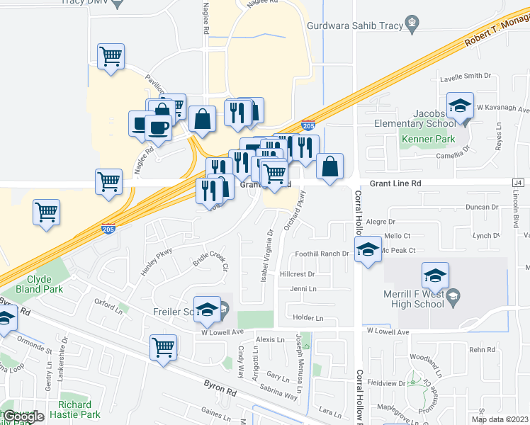map of restaurants, bars, coffee shops, grocery stores, and more near 2302 Joseph Damon Court in Tracy