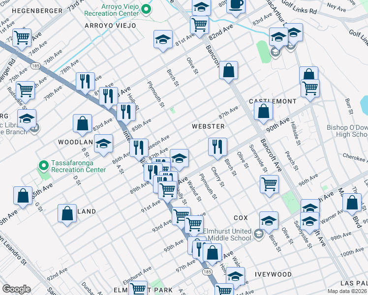 map of restaurants, bars, coffee shops, grocery stores, and more near 1641 89th Avenue in Oakland