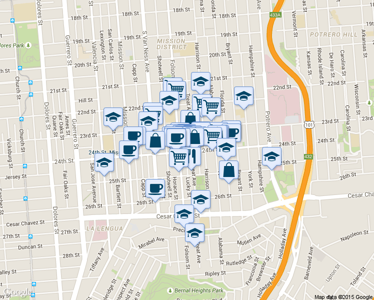 map of restaurants, bars, coffee shops, grocery stores, and more near 3066 24th Street in San Francisco