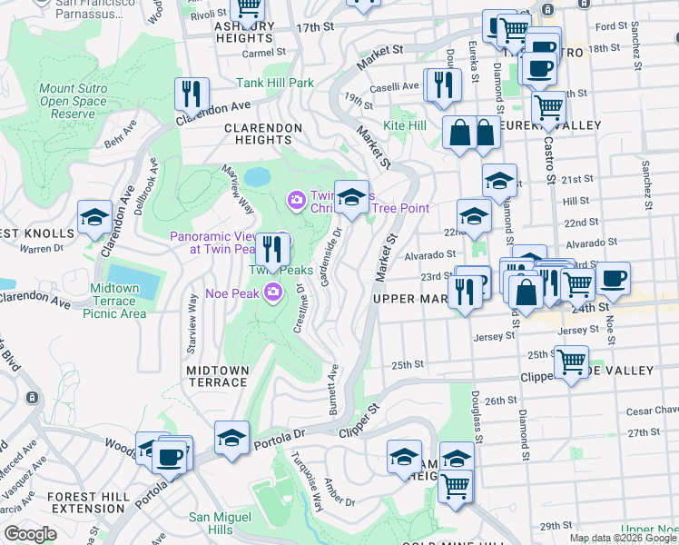 map of restaurants, bars, coffee shops, grocery stores, and more near 535 Burnett Avenue in San Francisco