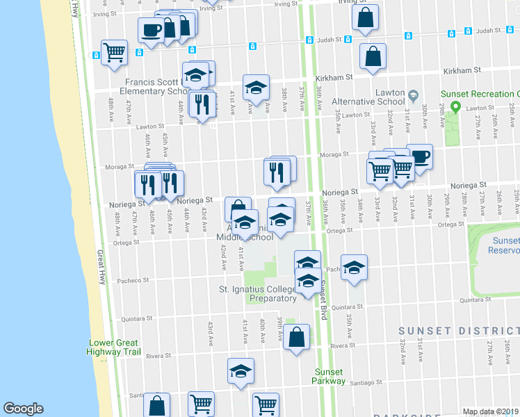 map of restaurants, bars, coffee shops, grocery stores, and more near 1830 40th Avenue in San Francisco