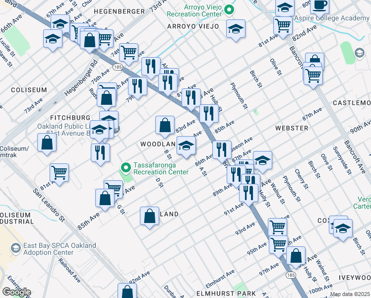 map of restaurants, bars, coffee shops, grocery stores, and more near 1241 85th Avenue in Oakland