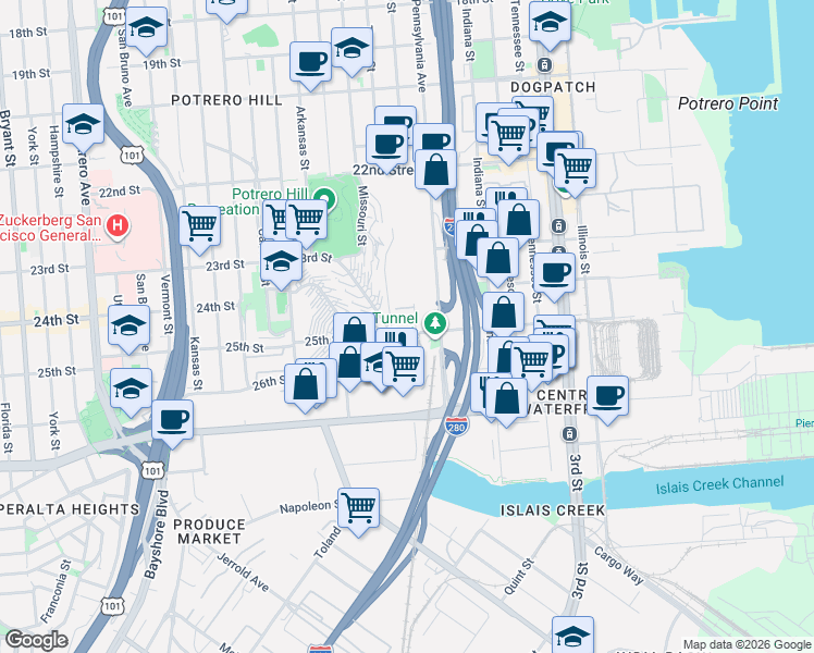 map of restaurants, bars, coffee shops, grocery stores, and more near 1475 25th Street in San Francisco
