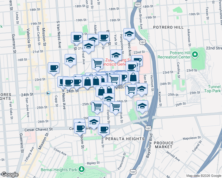 map of restaurants, bars, coffee shops, grocery stores, and more near 2647 Bryant Street in San Francisco