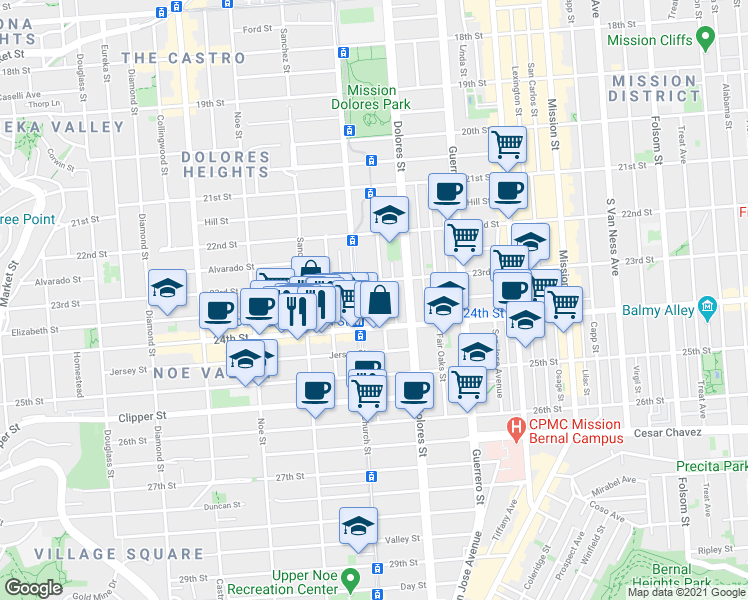map of restaurants, bars, coffee shops, grocery stores, and more near in San Francisco