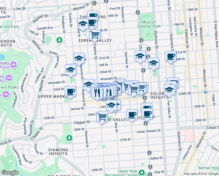 map of restaurants, bars, coffee shops, grocery stores, and more near 541 Elizabeth Street in San Francisco