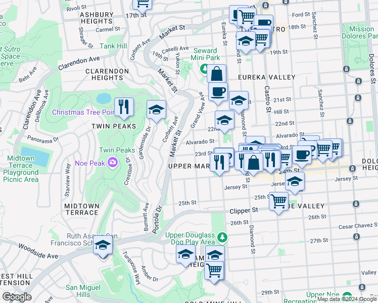 map of restaurants, bars, coffee shops, grocery stores, and more near 970 Elizabeth Street in San Francisco
