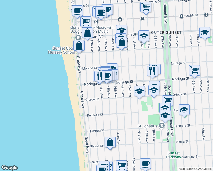 map of restaurants, bars, coffee shops, grocery stores, and more near 1846 46th Avenue in San Francisco