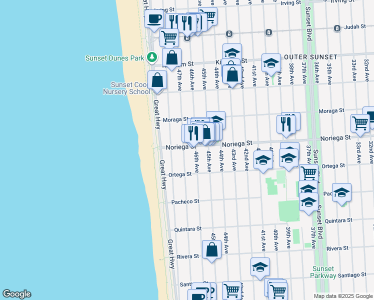 map of restaurants, bars, coffee shops, grocery stores, and more near 1847 47th Avenue in San Francisco