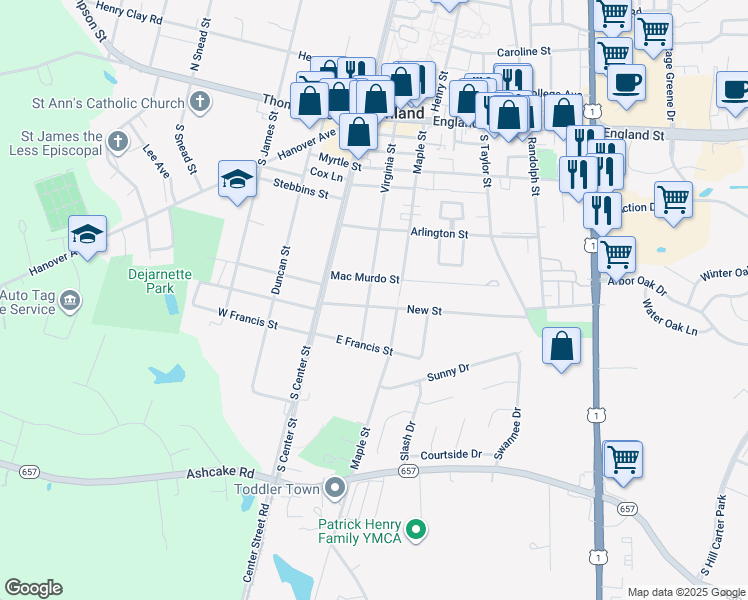 map of restaurants, bars, coffee shops, grocery stores, and more near 200 New Street in Ashland