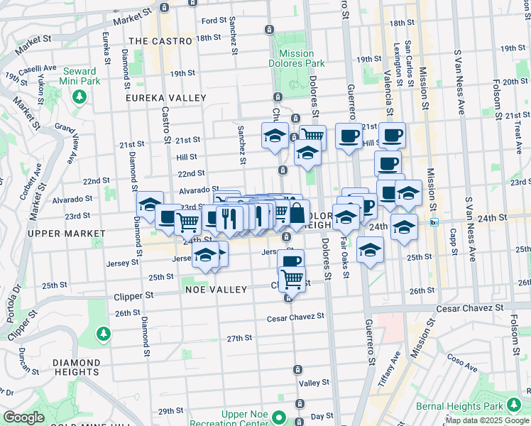 map of restaurants, bars, coffee shops, grocery stores, and more near 138 Vicksburg St in San Francisco