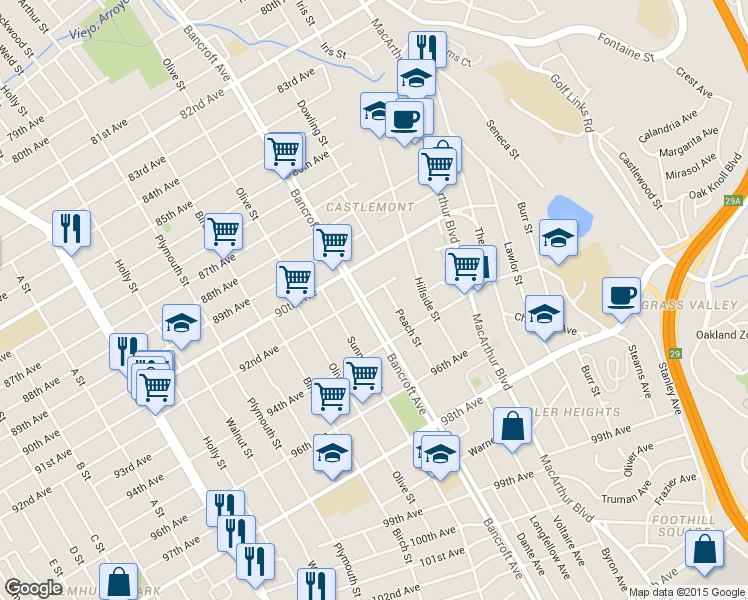 map of restaurants, bars, coffee shops, grocery stores, and more near 9301 Bancroft Avenue in Oakland