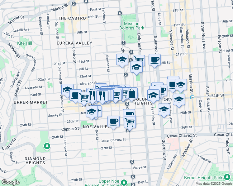 map of restaurants, bars, coffee shops, grocery stores, and more near 138 Vicksburg Street in San Francisco