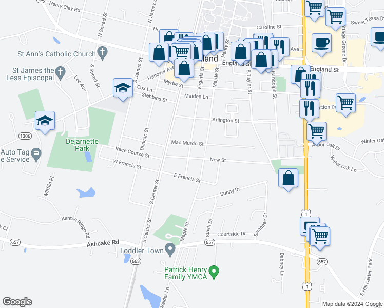 map of restaurants, bars, coffee shops, grocery stores, and more near 200 New Street in Ashland