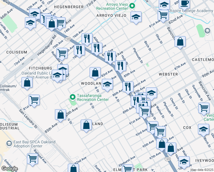 map of restaurants, bars, coffee shops, grocery stores, and more near 1241 85th Avenue in Oakland