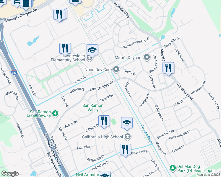 map of restaurants, bars, coffee shops, grocery stores, and more near 9985 Windsor Way in San Ramon