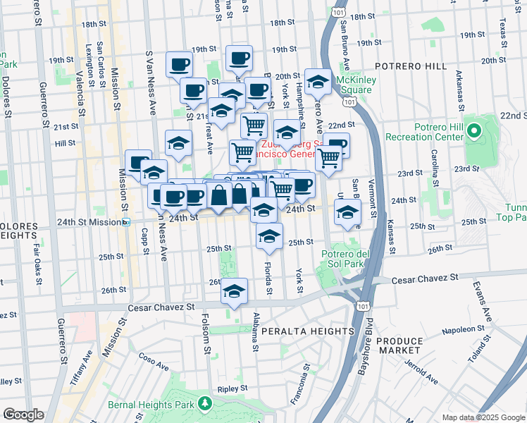 map of restaurants, bars, coffee shops, grocery stores, and more near 24th St & Florida St in San Francisco