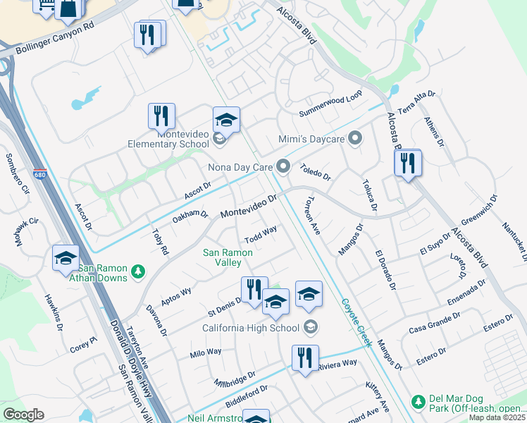map of restaurants, bars, coffee shops, grocery stores, and more near 10010 Foxboro Circle in San Ramon