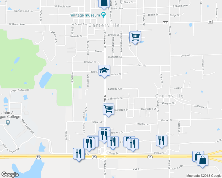 map of restaurants, bars, coffee shops, grocery stores, and more near 213 Laclede Avenue in Carterville